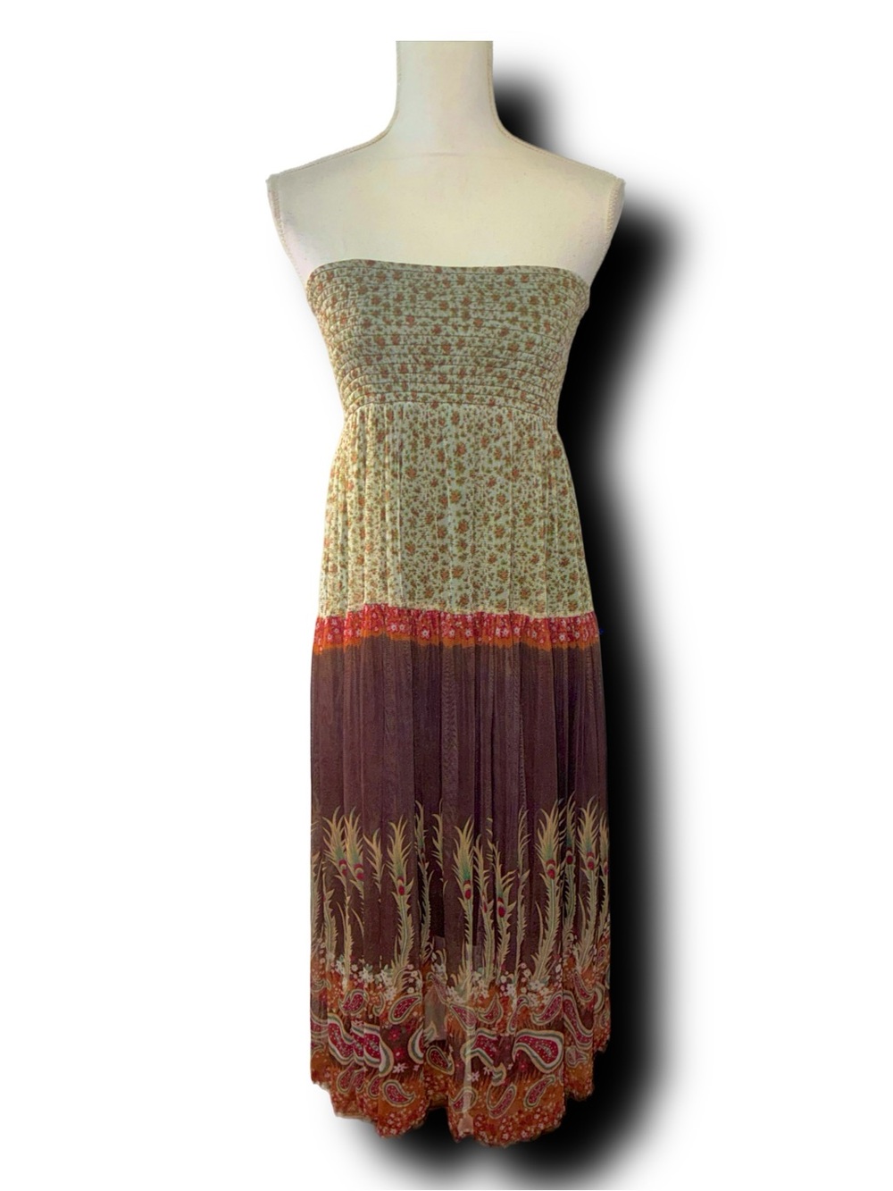 Vintage Y2K Lapis Strapless Boho Midi Dress/Maxi Skirt w Floral & Paisley Print